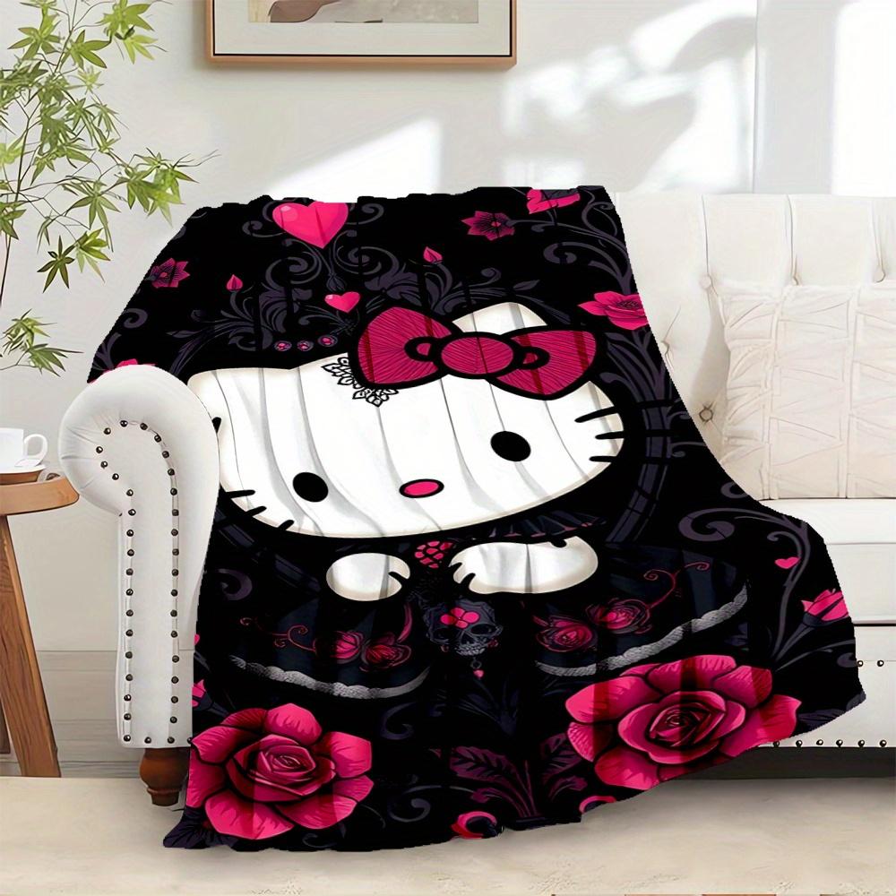For Hello Kitty, Gothic, RosesAnime-Themed Flannel Blanket, Glam Style, Digital Print, All-Season Comfort, Tear-Resistant, Knitted Craftsman