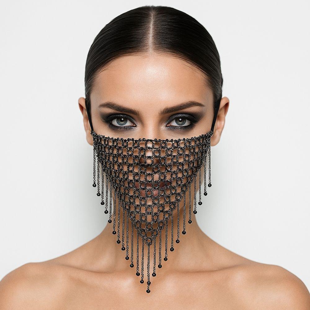 Tassel Rhinestone Mask Fishing Net Masquerade Mask Reusable Face Cover Girl