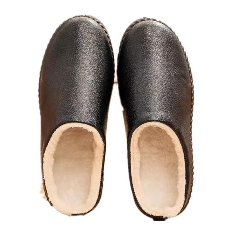 Осенне-зимние новые бархатные хлопковые тапочки из ПУ, водонепроницаемые, для пары, для дома, полпакеты с тапочками, с круглым носком, с толстой подошвой, кожаные тапочки