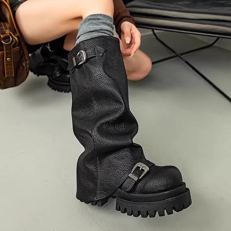 Chunky Platform Women High Boots Fad Designer Mid Heels Leather Shoes 2025 Trend Winter Knee High Oxford Motorcycle Botas Mujer