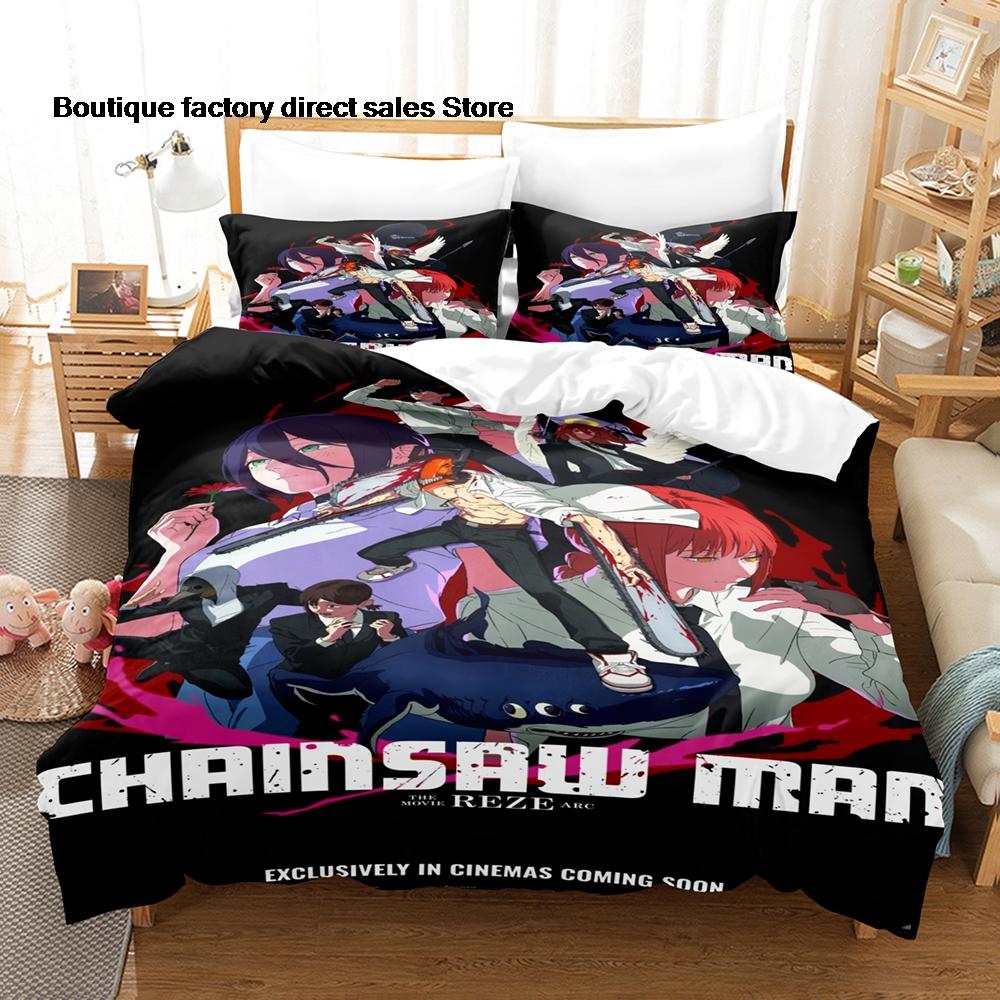 3 шт. Набор постельного белья Chainsaw Man Denji Аниме 3D-печать Shonen Manga Пододеяльник Наволочки для Подростков Комната Фанатов Декор Подарок Постельное белье