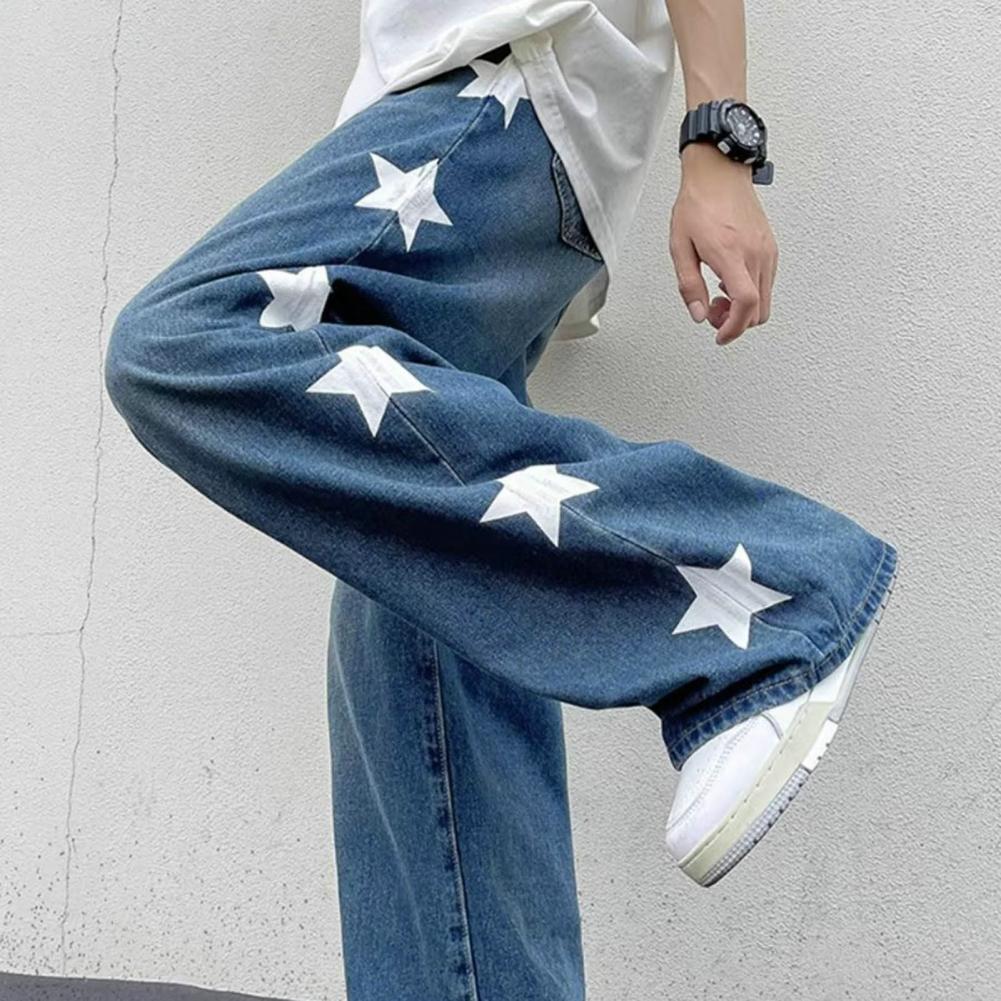 Men Jeans Wide Leg Straight Loose Star Print Full Length Solid Color Pockets Button Zipper Closure Soft Retro Streetwear Men Lon