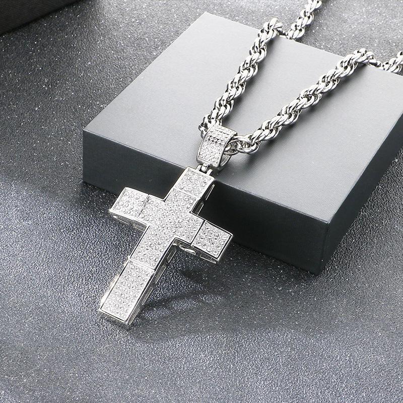 Hip Hop Full Rhinestone Stainless Steel Cross Pendant Necklace for Men Larger Gold Color Cross Party Jewelry Gift CNC Stone