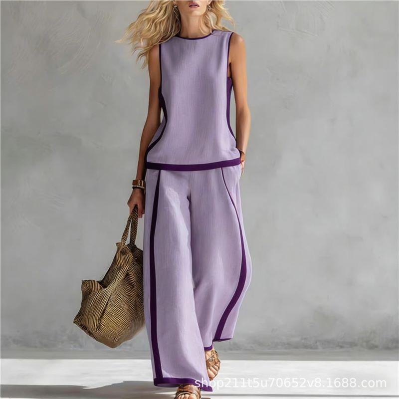 Casual suit Popular bohemian suit, contrasting color trimmed loose wide-leg pants two-piece set