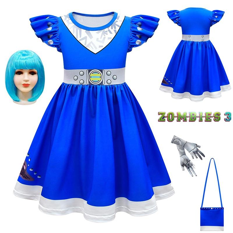 Kids Zombies 3 Cheerleader Cosplay Costume Halloween Dress Bag Wig Suit Gift Set