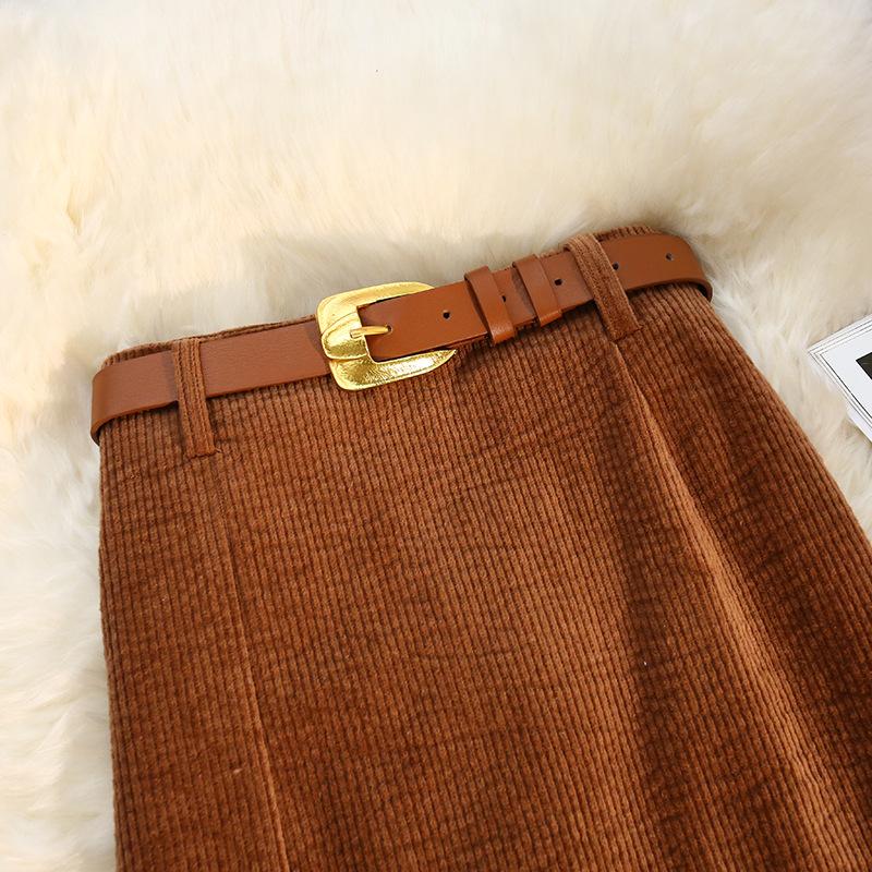 Осенне-зимняя женская юбка до пояса, вельветовая ретро-юбка с открытой вилкой в длинной части упаковки с высокой талией, хип-юбка для отправки ремня