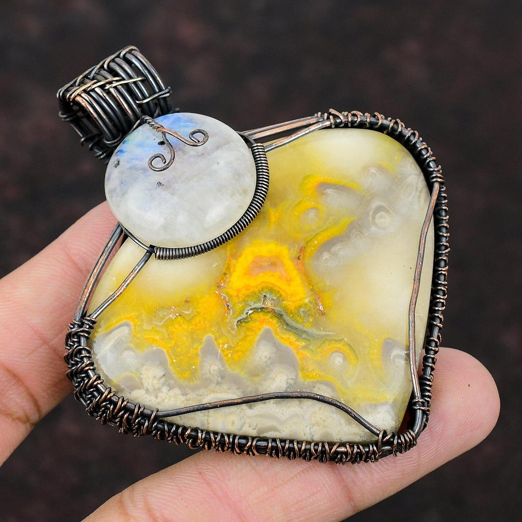 Bumble Bee Jasper Pendant Rainbow Moonstone Pendant Copper Wire Wrapped Pendant Bumble Bee Jasper Copper Jewelry Gemstone Handmade Pendant