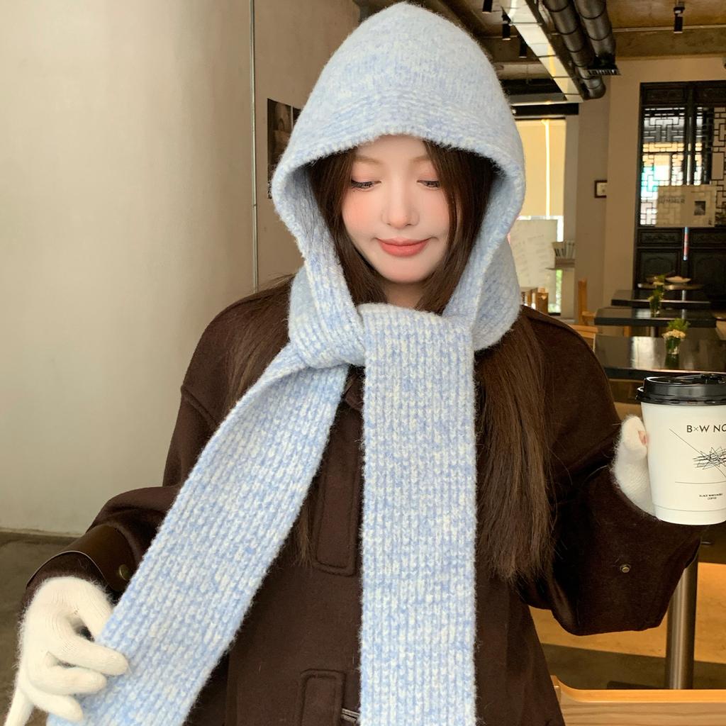 Gray Thickened Hat Scarf All In One Warm Knitted Hat Women's Autumn and Winter Ear Protection Balaclava Woolen Hat