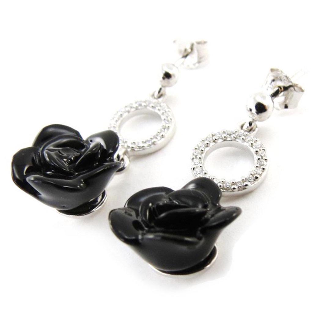 Les Trésors De Lily [J3115] - Серебряные серьги Rose Noire с черным родиевым покрытием - 28x11 мм