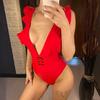 Sexy Ruffled White Deep V One Piece Swimsuit Women Swimwear Female With Belt Monokini Bather Bathing Suit Swim Lady