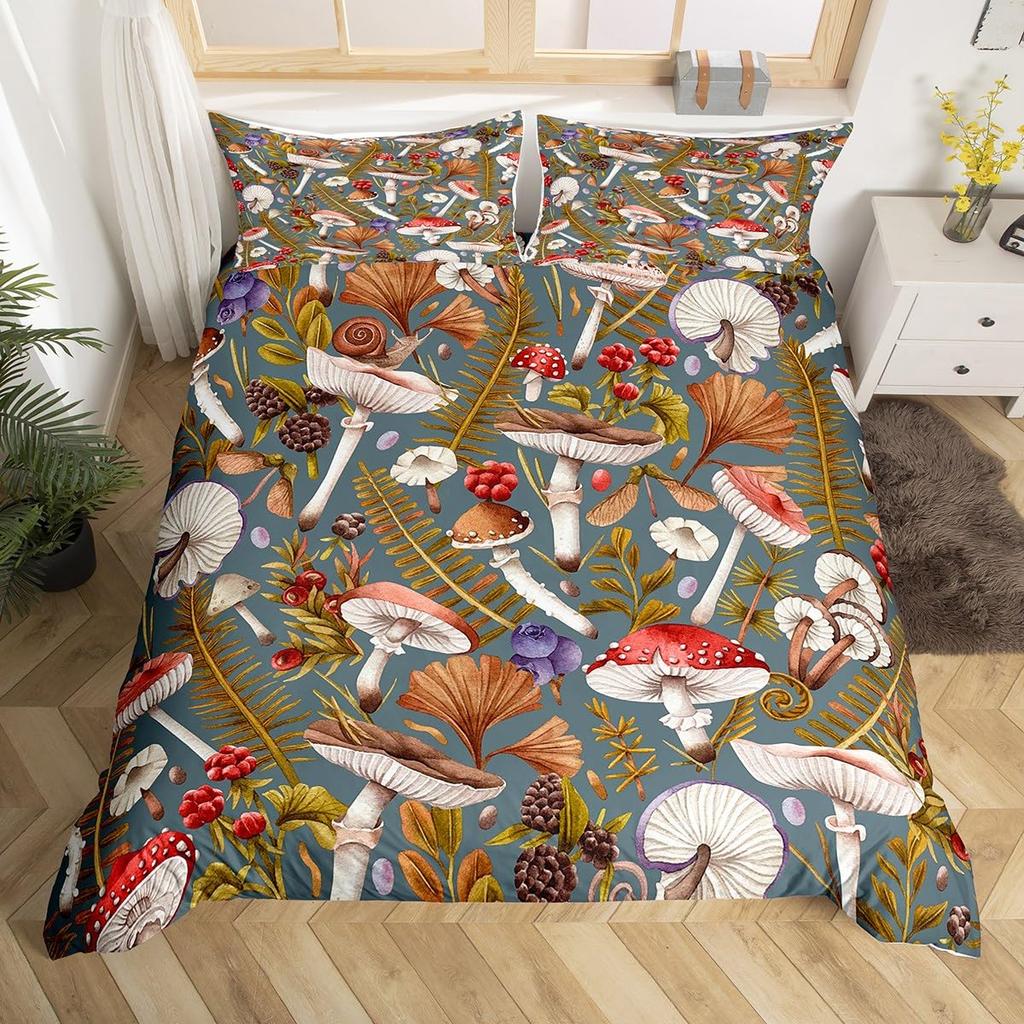 Mushroom Duvet Cover Watercolor Fungus Bedding Set Wild Botanical Comforter Cover Set Retro Leaf Pattern Polyester Quilt Cover