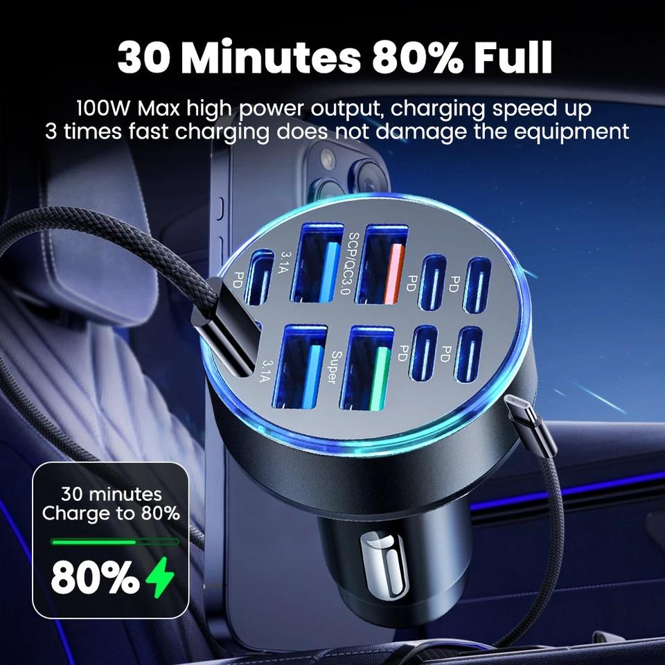 100 Вт 10 портов Автомобильное зарядное устройство Быстрая зарядка PD QC3.0 USB C Автомобильное зарядное устройство для телефона Адаптер Type C в автомобиле Для iPhone Samsung Huawei Xiaomi