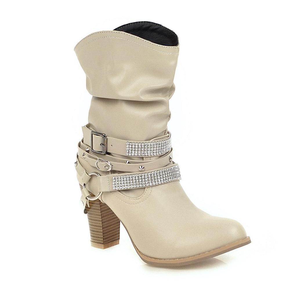 J/зимние новые короткие сапоги на высоком толстом каблуке с круглым носком, европейские и американские декоративные женские ботинки в стиле фэн-шуй с бриллиантовым поясом