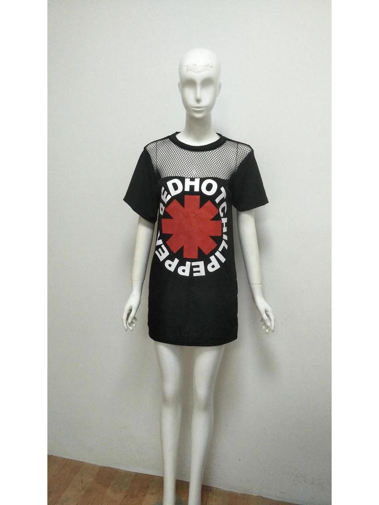 WISH Европейская и американская мода Сетчатая футболка с круглым вырезом, коротким рукавом и принтом в виде ленты