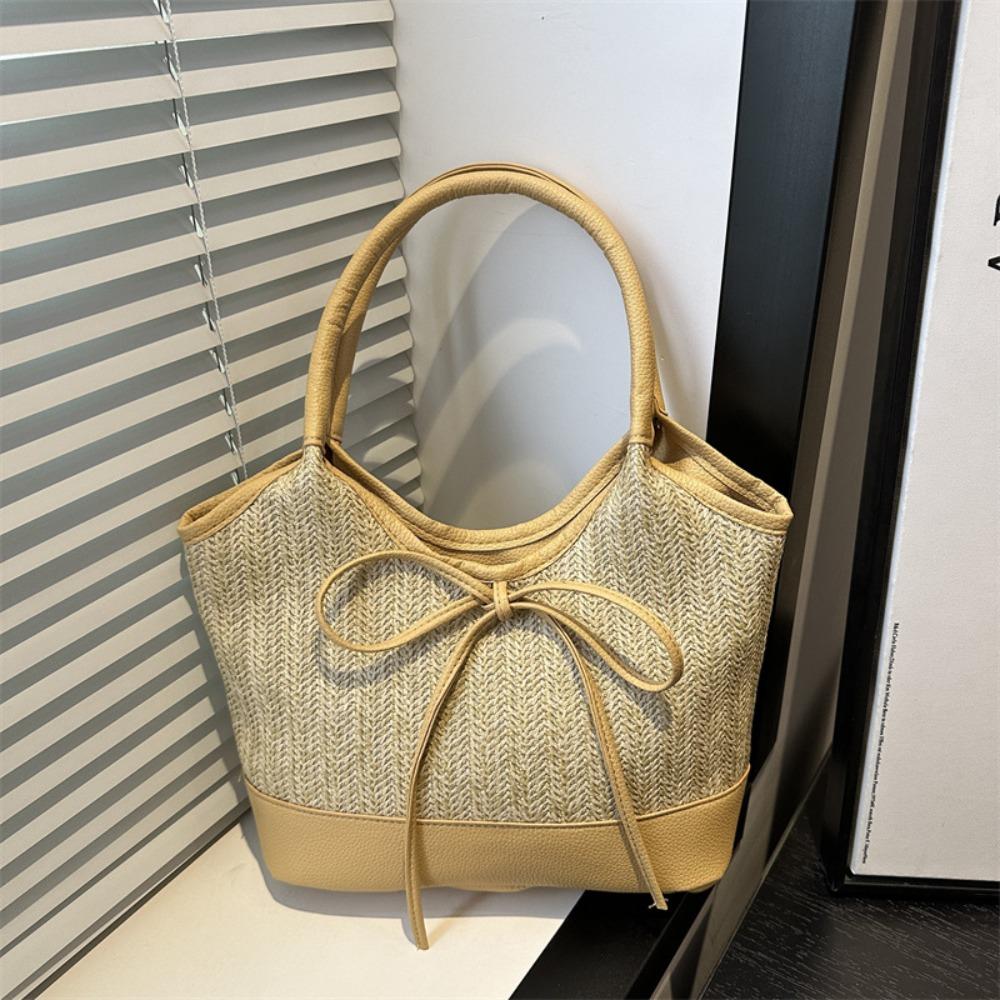Elegant Straw Shoulder Bag Bow Tie Women's Handbag Trendy Weaving Tote Bag Lady