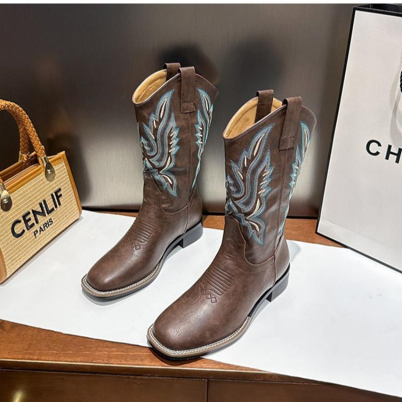Western Cowboy Boots Embroidery Sleeve New Internet Celebrity Thick Heel Women Boots