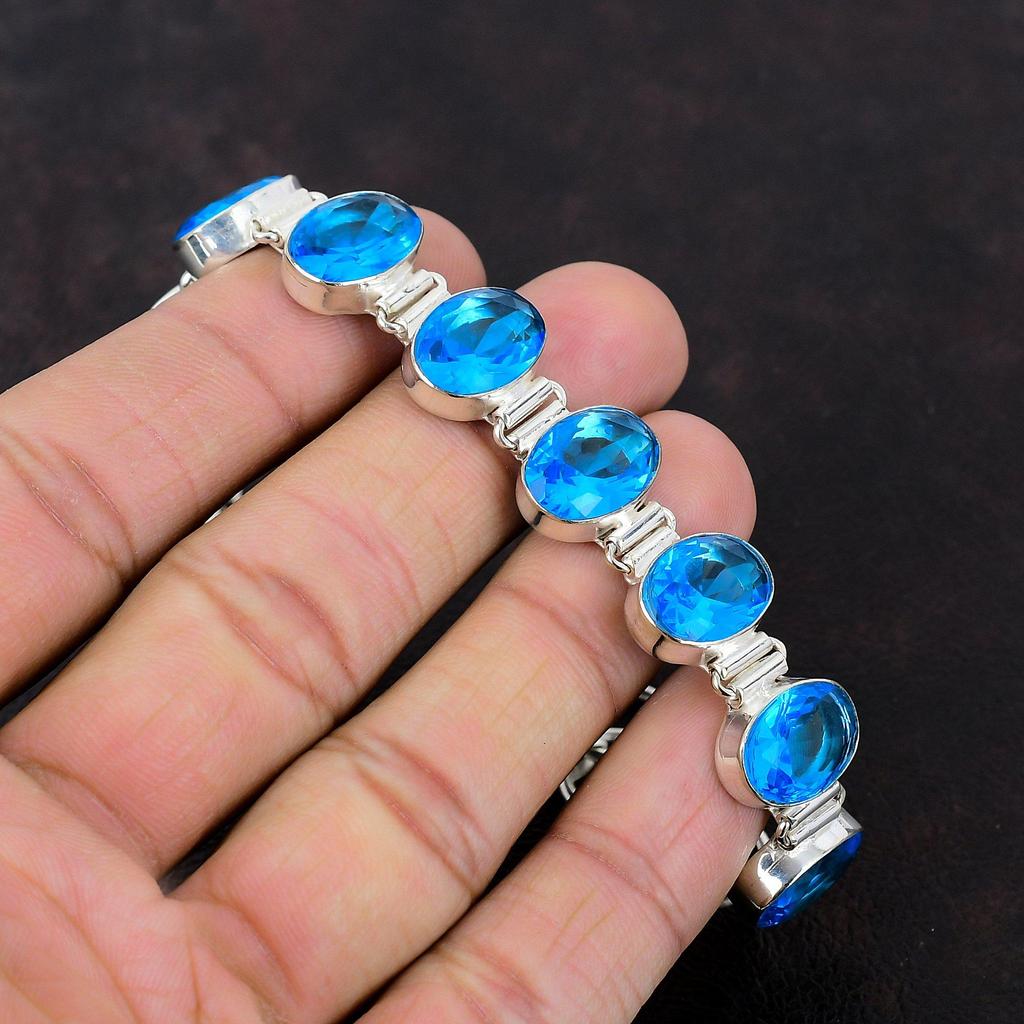 Граненый швейцарский браслет с синим топазом Браслет из драгоценного камня Браслет из стерлингового серебра 925 пробы Регулируемый браслет-цепочка Ювелирные изделия ручной работы Подарок для невесты