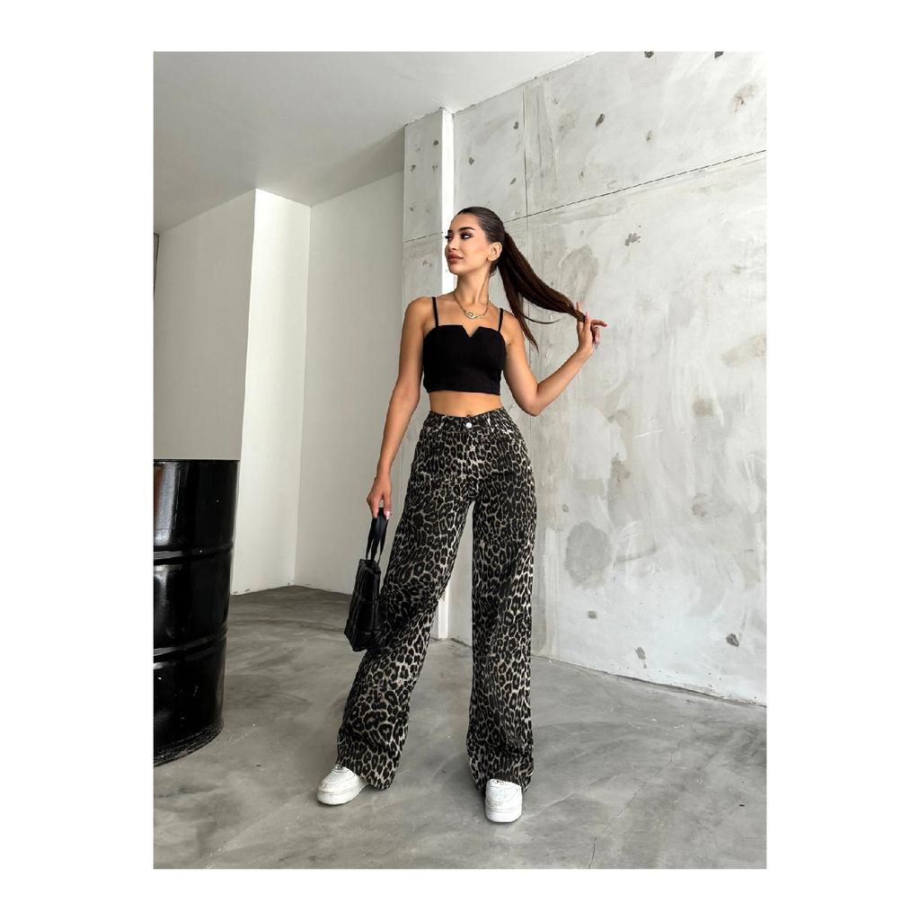 Women's Leopard Patterned High Waist Wide Leg Lycra Palazzo Pants