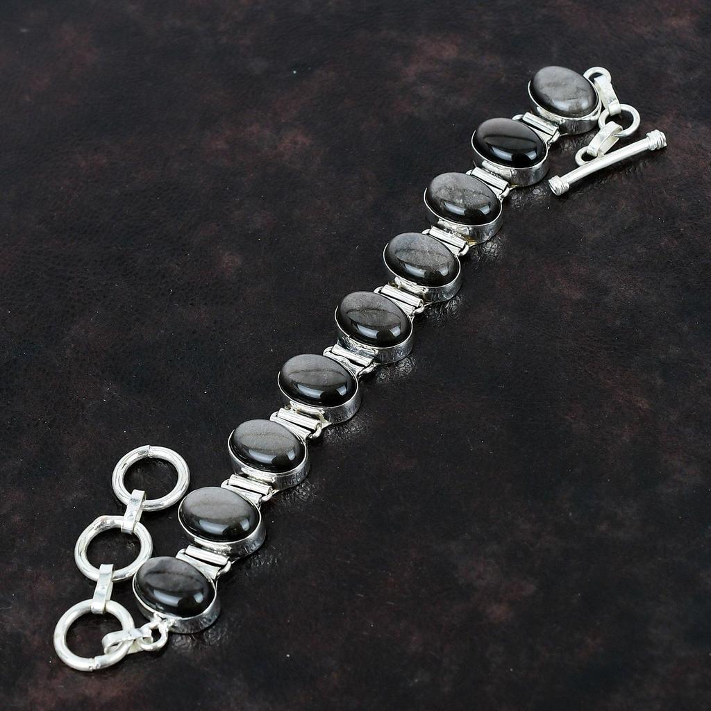 Серебряный браслет из обсидиана, браслет из стерлингового серебра 925 пробы, регулируемый браслет-цепочка, ювелирные изделия ручной работы, браслет из настоящего драгоценного камня, подарки для нее