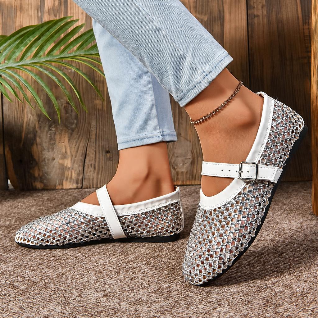 2024 Summer Mesh Buckle Hollow Breathable Flat Shoes Full Diamond Women's Sandals Hollow Fashion Single Shoes Fishing Net Shoes Women's