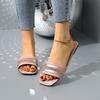 Sandals Summer New Outer Wear Beach Shoes Large Size Square Head Rhinestone Word Low Heel Cool Slippers Women