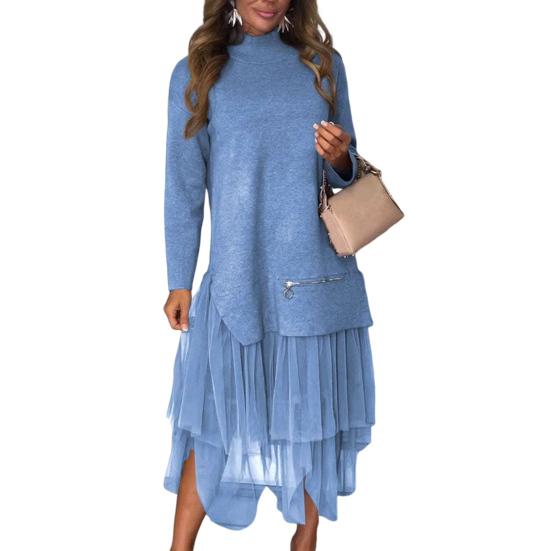 Женское платье осень-зима, имитация двух частей, пэчворк, неровный сетчатый подол, полувысокий воротник, А-силуэт