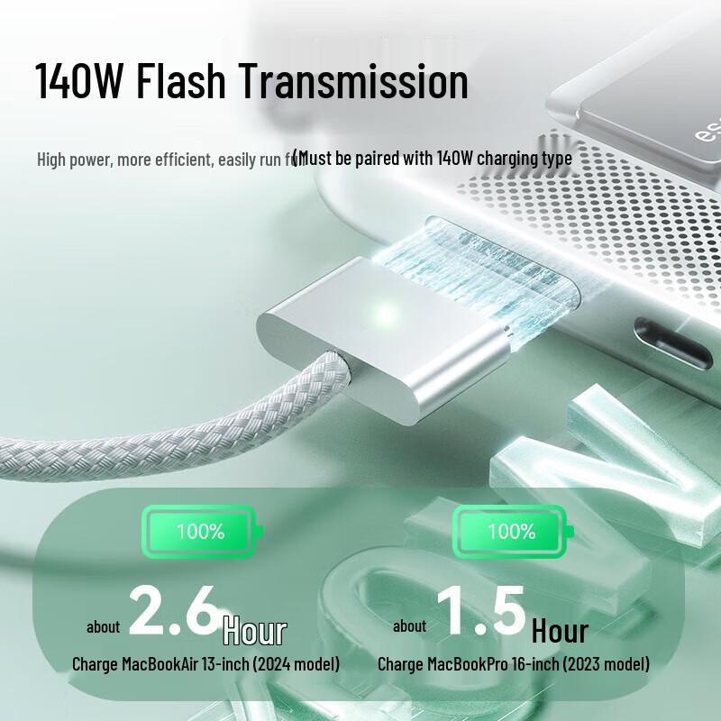 Зеленый кабель для зарядки MacBook MagSafe 3 Type-C к T-образному разъему