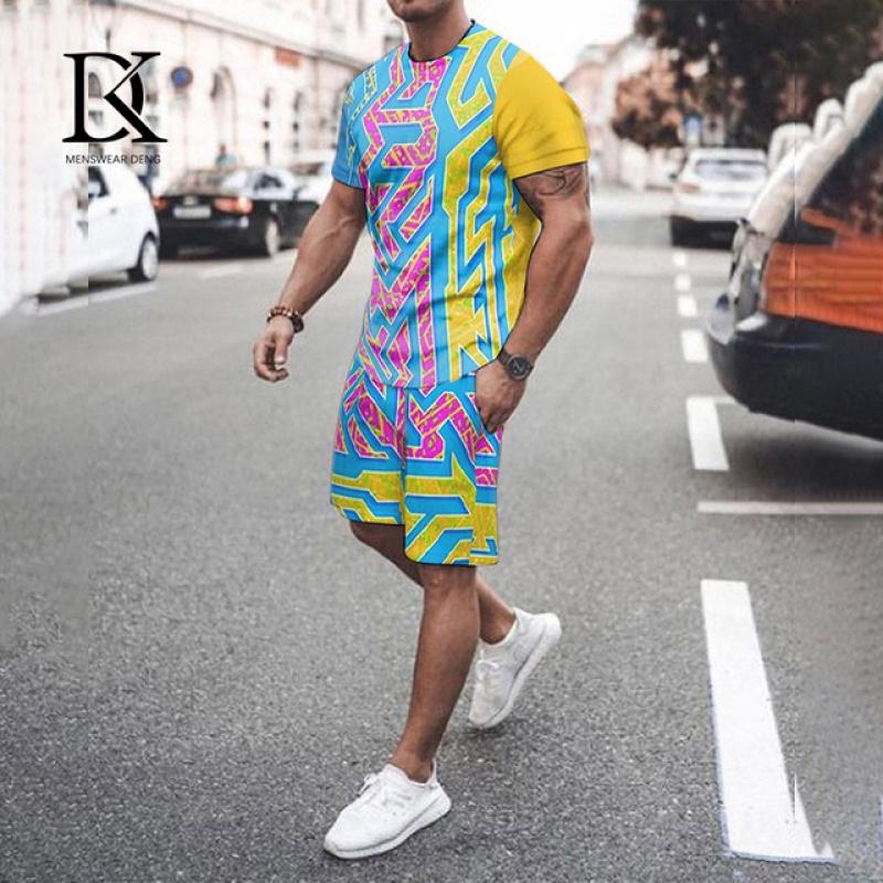 Летний мужской комплект футболок, черно-белый сетчатый 3D-принт, одежда большого размера, трендовый мужской спортивный костюм, футболка для фитнеса, шорты, комплект одежды