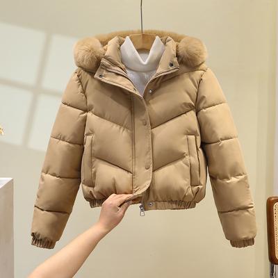 Новое зимнее хлопковое пальто для женщин, короткое, модное, с большим меховым воротником, хлопковое пальто свободного кроя в корейском стиле, утолщенная однотонная куртка с капюшоном