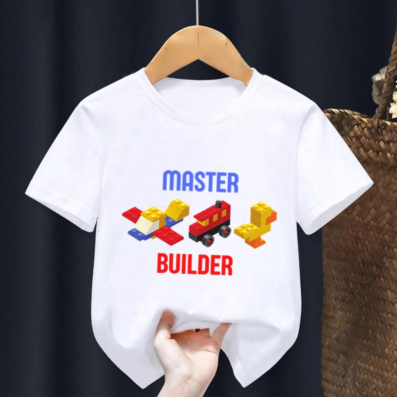 Мастер Билдер Блоки Строительный Принт Мультяшная Детская Футболка для Девочек Летние Топы Одежда для Маленьких Мальчиков Детские Футболки с Коротким Рукавом