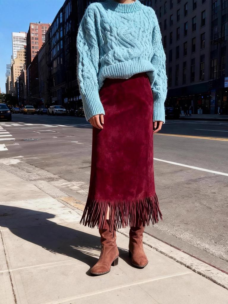 Женская черная юбка-трапеция средней длины с бахромой – Стройный осенне-зимний стиль