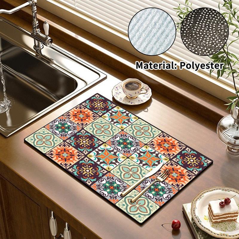 Kitchen Dish Mat Absorbent Dining Table Mats Retro Non-Slip Drain Pad Draining Placemat Coffee Dish Tableware Mat For Home Decor