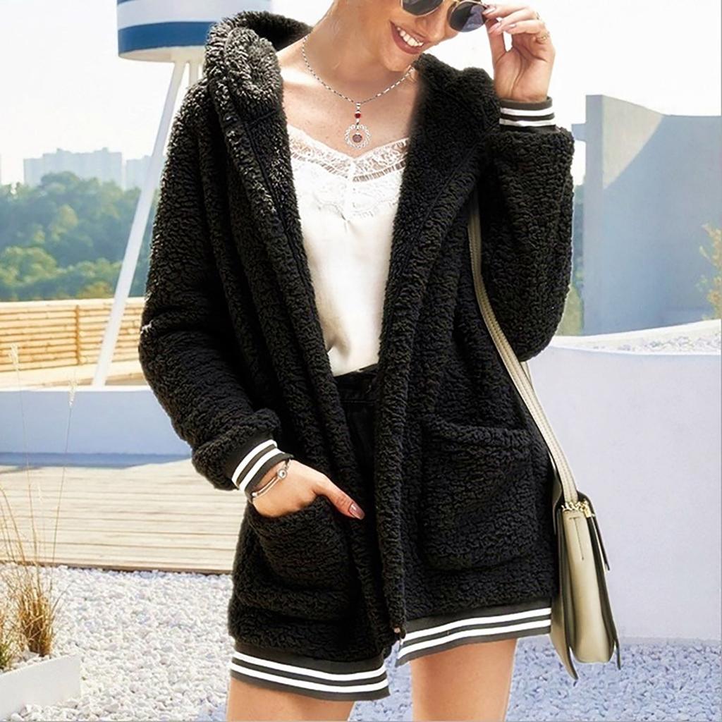 Women's And Winter Loose Solid Color Stitching Long-Sleeved Pockets Plush Hooded Cardigan Coat