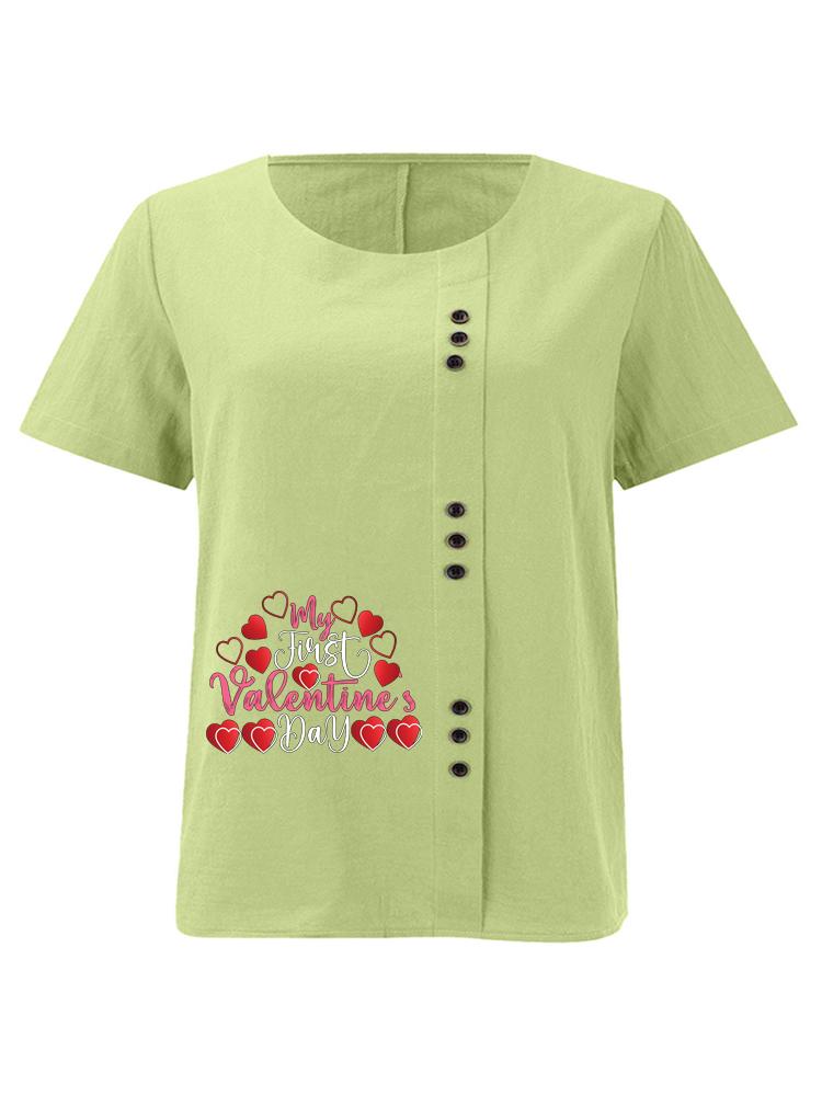 Women's Fashion Rose Red Love Letter Print Shot Sleeve T-shirt Loose Cotton Shirt Casual Loose Summer Blouse Tops Plus Size