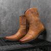Slip On Male High Top Footwear Vintage Style Men's Mid Calf Western Boots Non-Slip Travel Cowboy Boots Versatile Walking Shoes