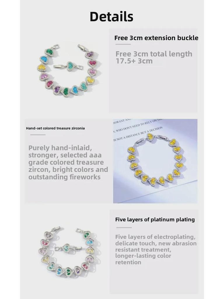 Браслет European & American Love Water Drop из циркония, платиновое покрытие из меди, 17,5 см с удлинительной пряжкой, вставки из цветных камней