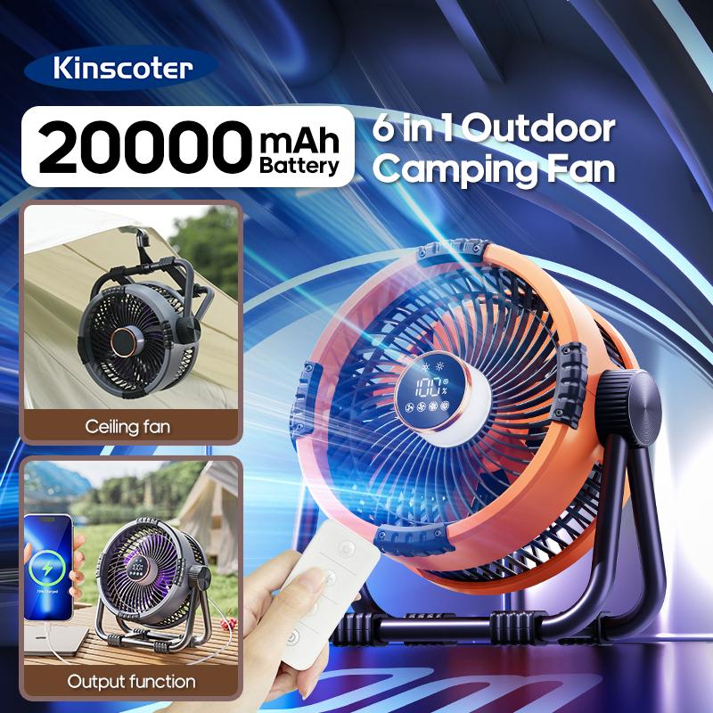 KINSCOTER 6 в 1 Кемпинговый вентилятор 20000 мАч Перезаряжаемая батарея Портативный уличный вентилятор 4 скорости Циркуляторы воздуха с крючком и светодиодной подсветкой