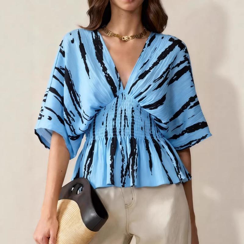 Женская блузка с принтом «Мазки кисти», V-образным вырезом, рукавами летучая мышь, приталенной талией и баской