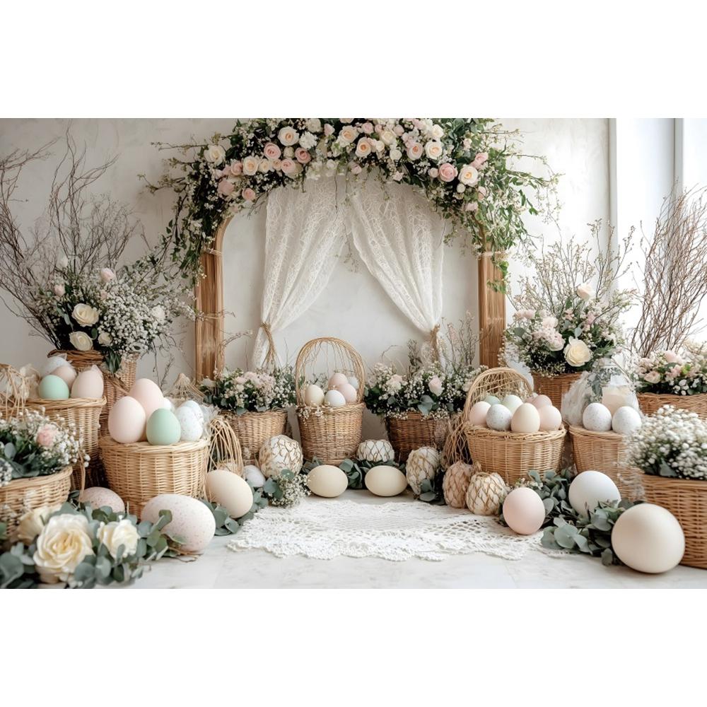 Spring Easter Photography Backdrop Boho Flowers Arch Door Bunny Colorful Eggs Rabbit Kids Birthday Party Decor Photo Background