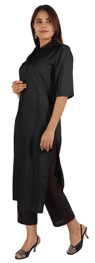 Moomaya Womens Solid Collar Kurti Rayon Elbow Sleeve Ethnic Kurta Indian