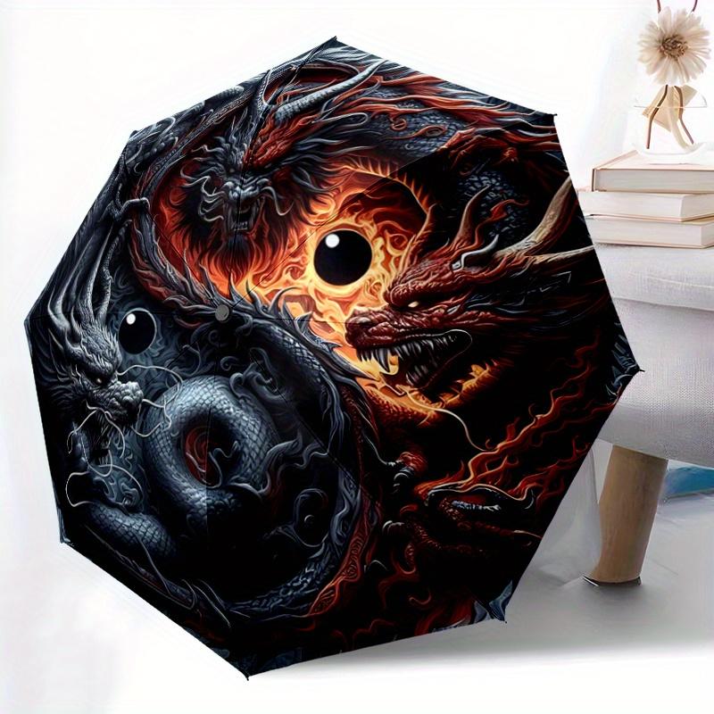 1pc The Epic Battle of Red and Black Dragons Pattern Automatic 3-Fold Umbrella, 8 Iron Frames, High-Value Folding Umbrella, Suitable for Office,