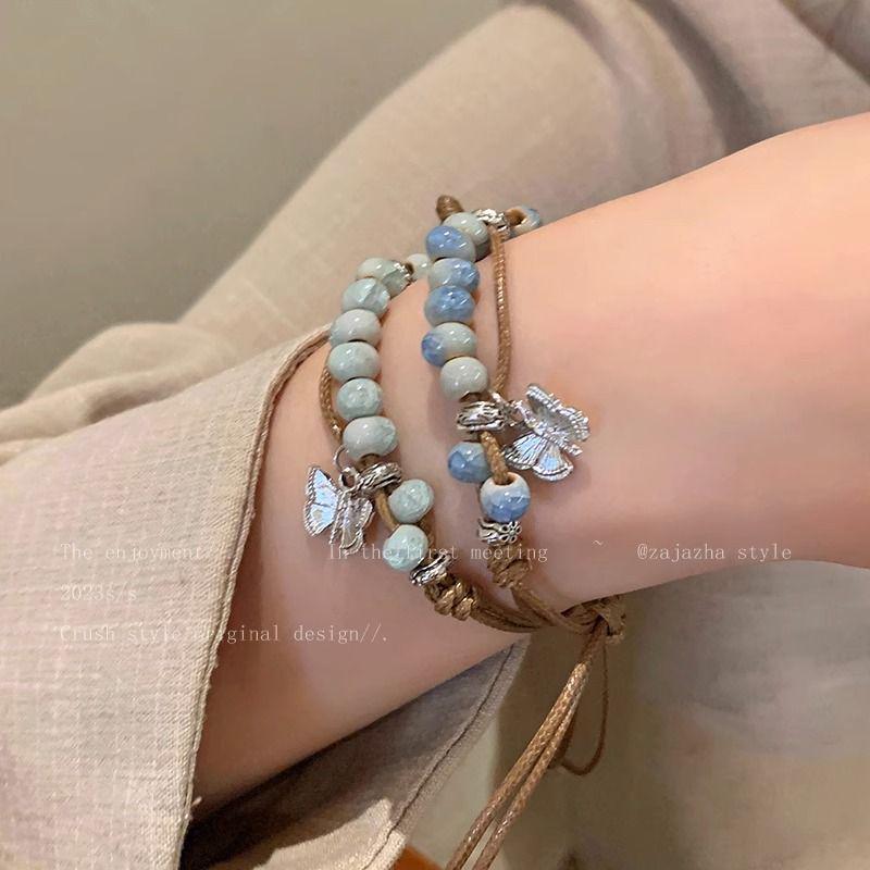 New Chinese-Style Butterfly Ceramic Beaded Woven Bracelet - Women's Summer 2023 Retro Ethnic Hand Jewelry