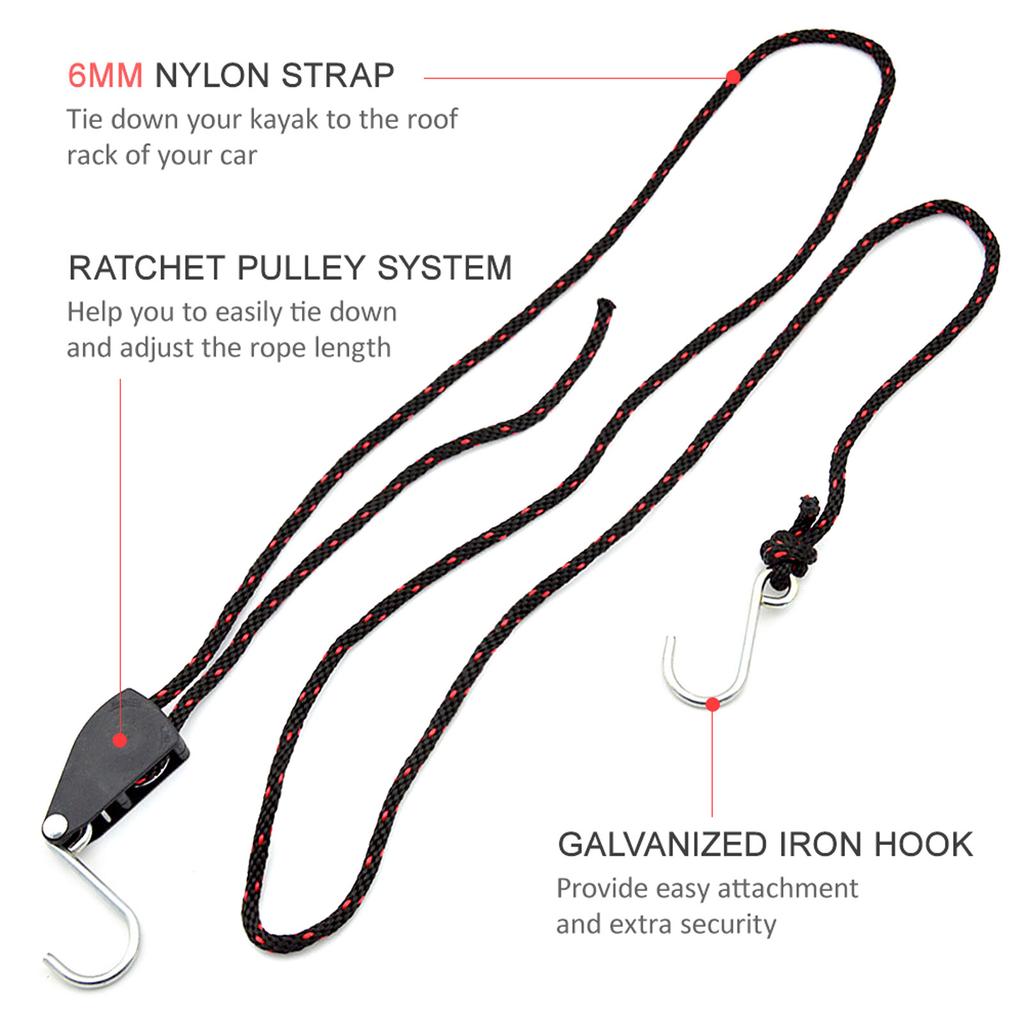 2pcs Kayak Tie Down Straps Ratchet Pulley Ropes Adjustable Ropes Hanger Working Load Up to 299.8lbs for Kayak Canoe Boat