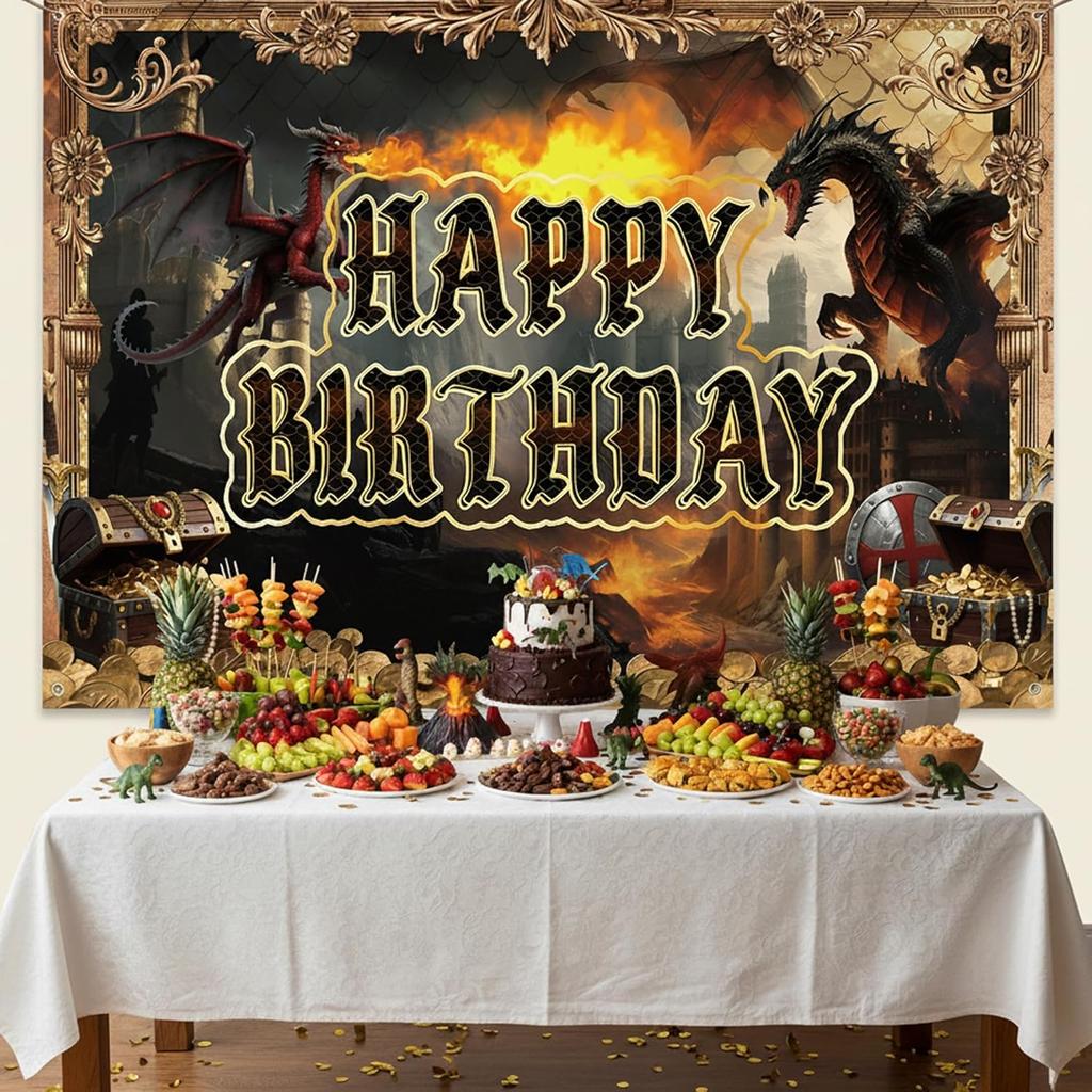 Dragon Birthday Party Decorations Banner - Happy Birthday Medieval Dragon Theme Decoration Backdrop, Dragons Castle Flame Party Supplies Photo