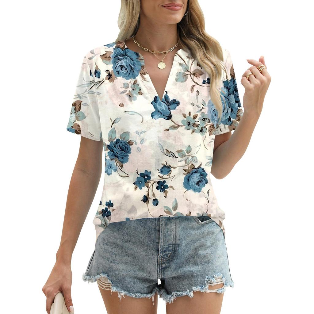 Womens Summer Tops Short Sleeve V Neck Shirts Loose Casual T-Shirts