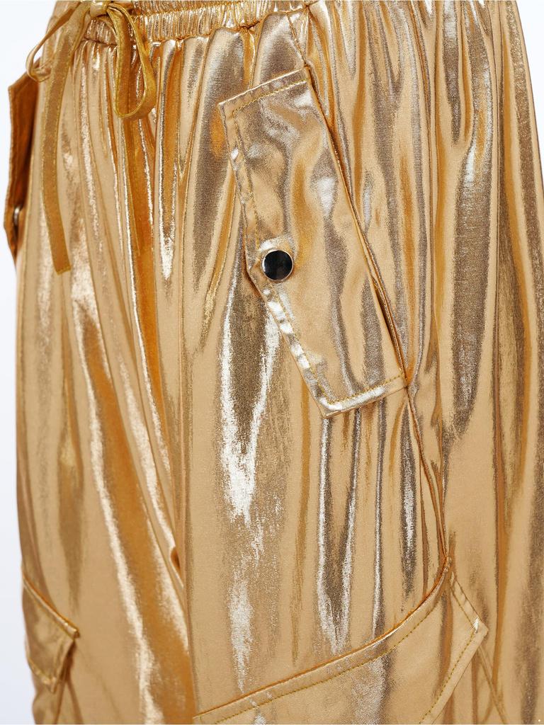 Shiny Metallic Cargo Pants for Women Elastic Waistband with Ruffle Trim Multiple Pockets Jogger Style for Hip Hop Music Stage Outfit