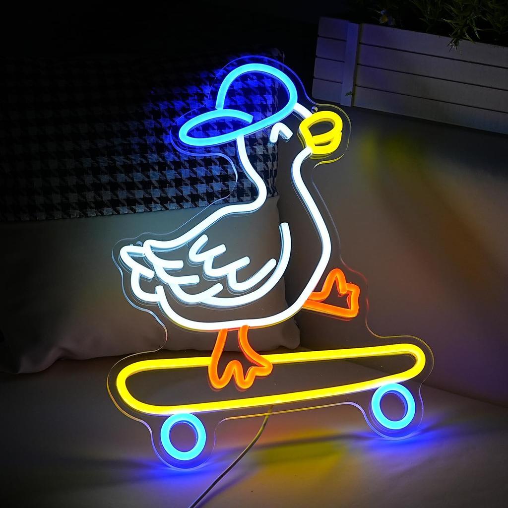 Skateboard Duck Neon Sign Dimmable LED Happy Duck Neon Light USB Powered Hat Duck Light Up Sign Living Room Bedroom Art Wall Decor Boys Girls Gift