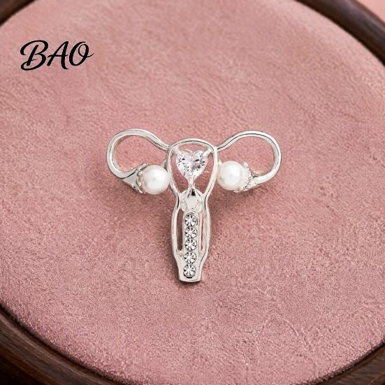 Women Clothing Jewelry Uterus Brooch with Rhinestone Faux Pearl, Human Organ Lapel Pin, Jacket Accessory Hollow Shaped for Coats Sweaters Scarves Body