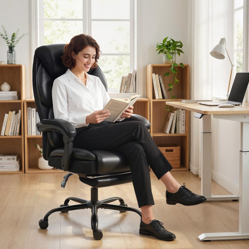 Adjustable Office Chair Reclining Computer Desk Chair with Footrest, Armrest, Casters, Black