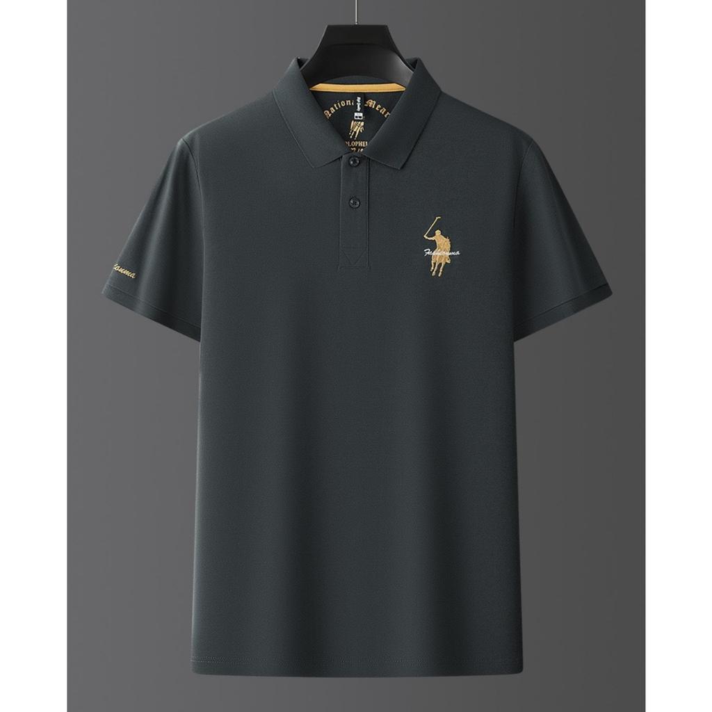 Trend Hub Роскошная вышивка Мужская рубашка поло Тонкая дышащая 100% хлопок Черный Темно-синий Лацкан С коротким рукавом Топы Брендовая одежда